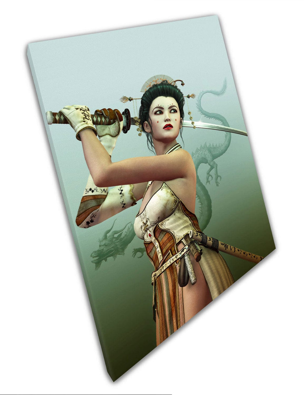 Asian warrior lady with Sword & Dragon Fantasy Art Canvas Wall Art Print Mounted Canvas print