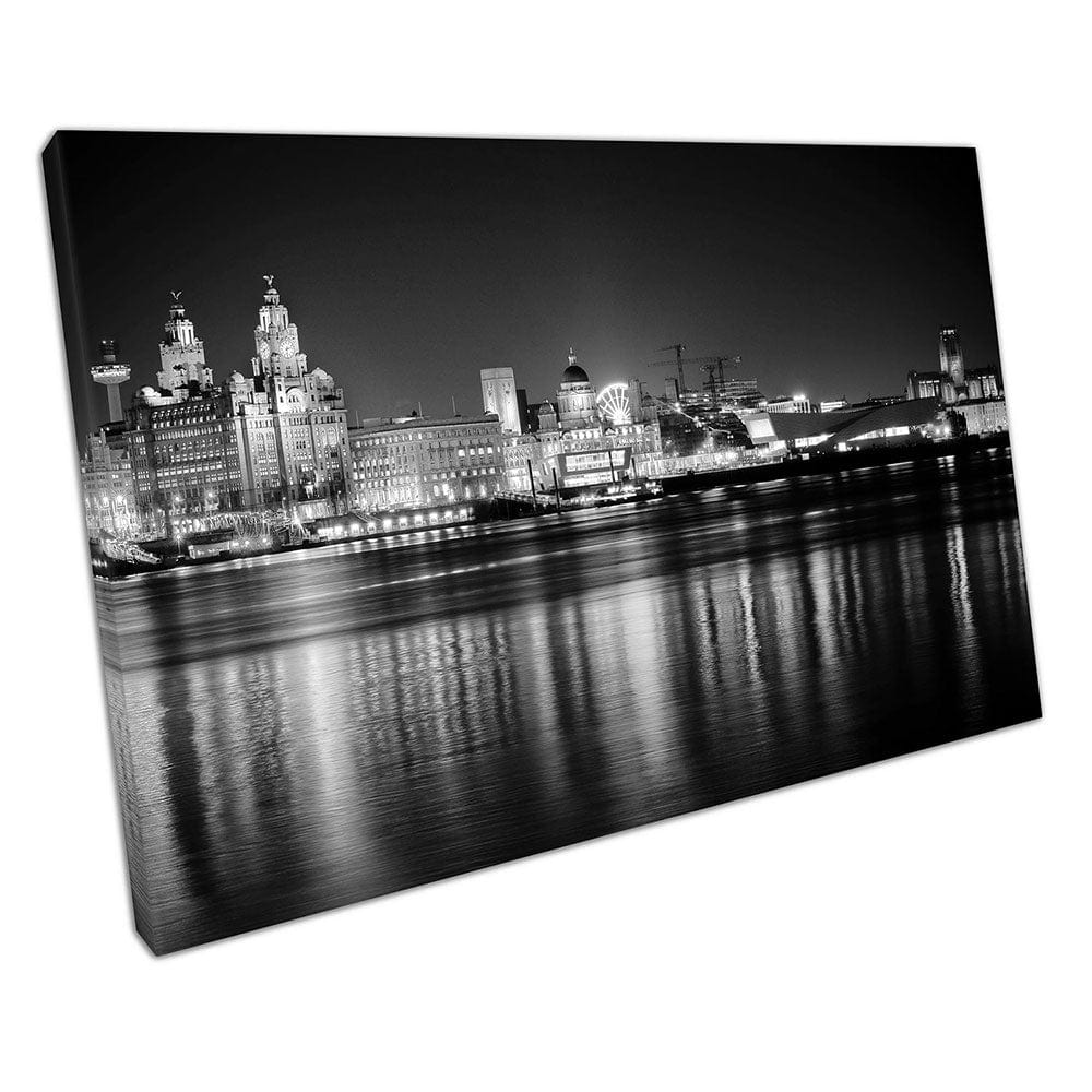 Black & White Liverpool Cityscape liver building Albert Dock Ready to Hang Wall Art Print On Canvas Mounted Canvas print