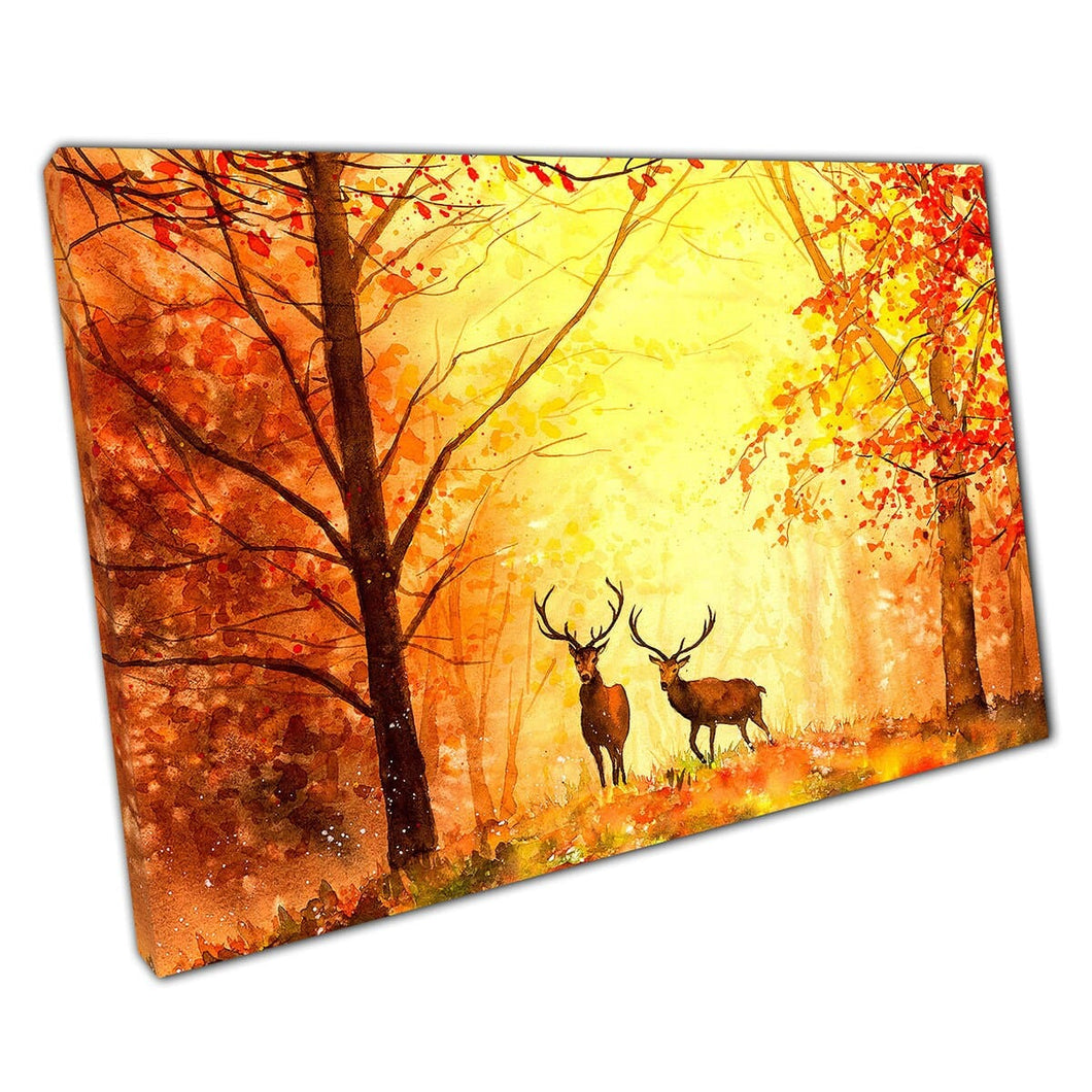 Two Deer Stags In Orange Red Golden Autumnal Forest Painting Wall Art Print On Canvas Picture For Home Office Decor