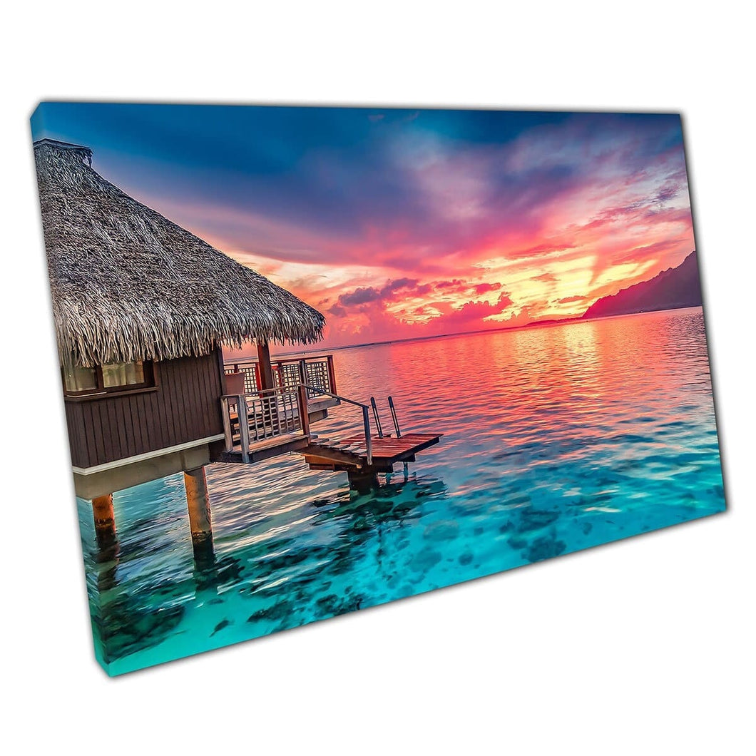 Water Cabin Stunning Warm Sunset On The Horizon Of Moorea South Pacific Ocean Wall Art Print On Canvas Mounted Canvas print