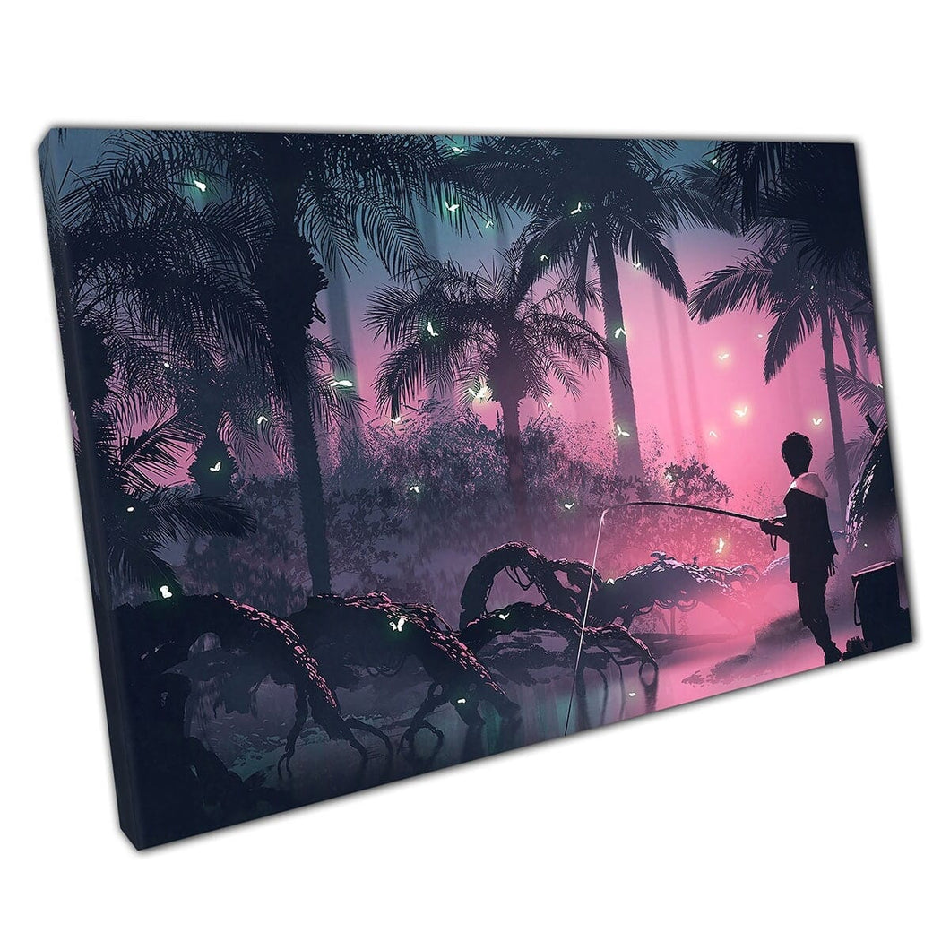 Boy Fishing In Mysterious Tropical Pink Swamp Fantasy Digital Art Illustration Style Wall Art Print On Canvas Mounted Canvas print