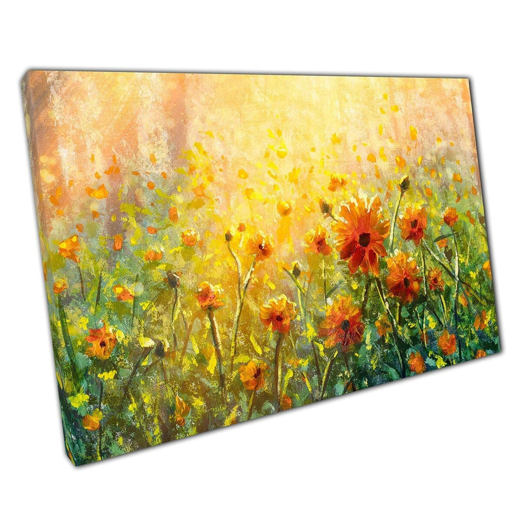 Beautiful Orange Flower Meadow With Warm Golden Sun Impressionism Painting Style Wall Art Print On Canvas Mounted Canvas print