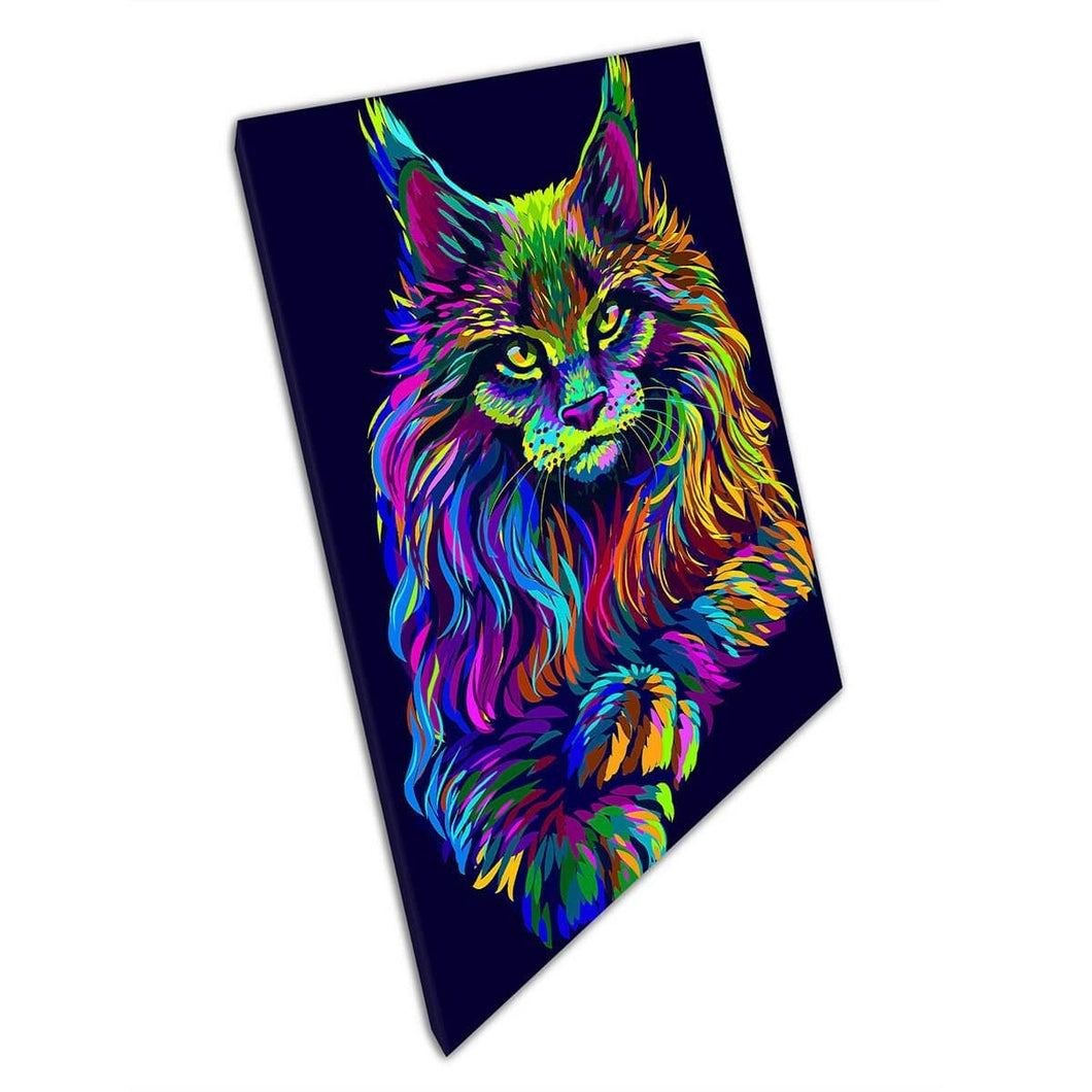Abstract Rainbow Colourful Neon Fluffy Maine Coon Cat Digital Illustration Wall Art Print On Canvas Mounted Canvas print