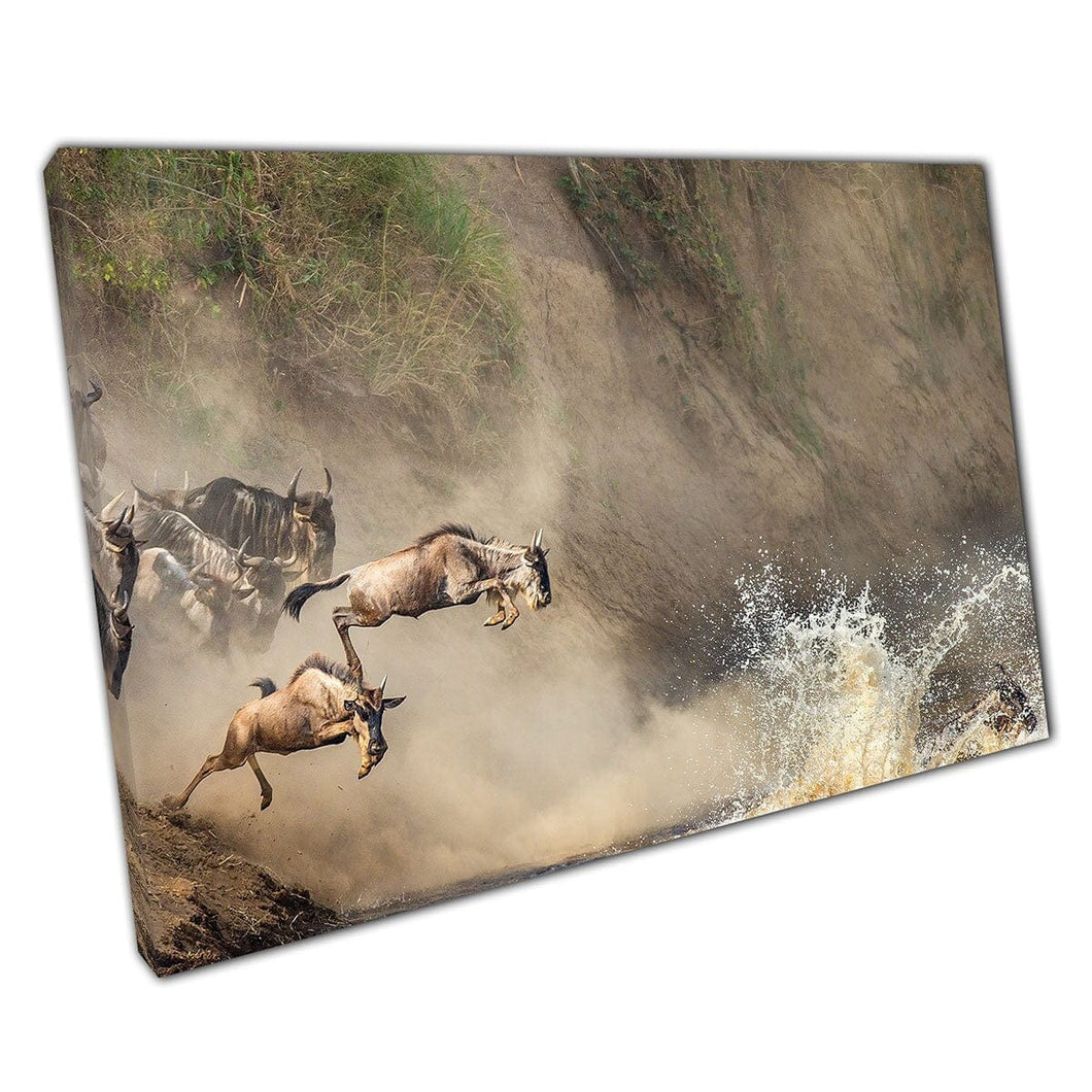 Wildebeests Dramatically Crossing Mara River Maasai Mara National Park Tanzania Kenya Wall Art Print On Canvas Mounted Canvas print