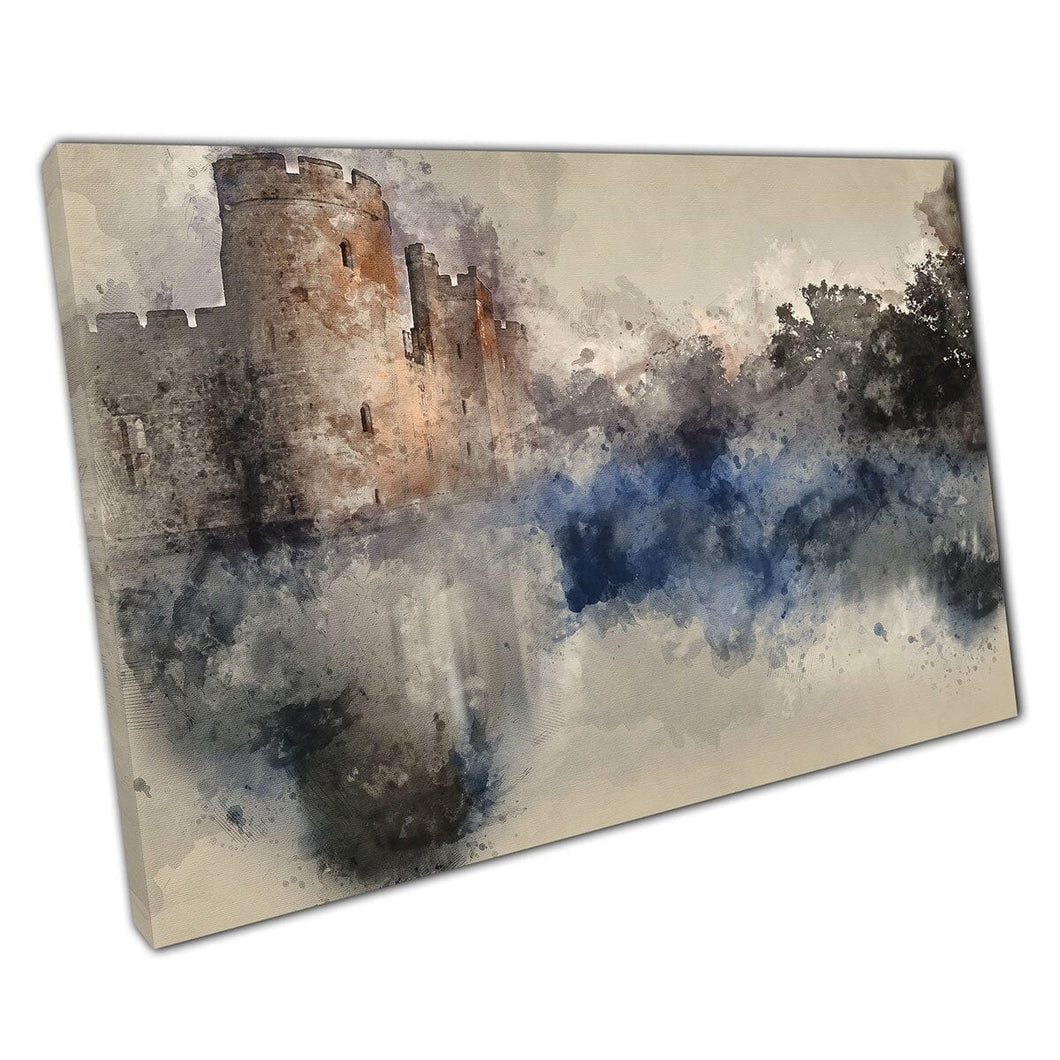 Watercolour Abstract Painting Of Medieval Castle And Moat During Misty Sunrise Wall Art Print On Canvas Mounted Canvas print