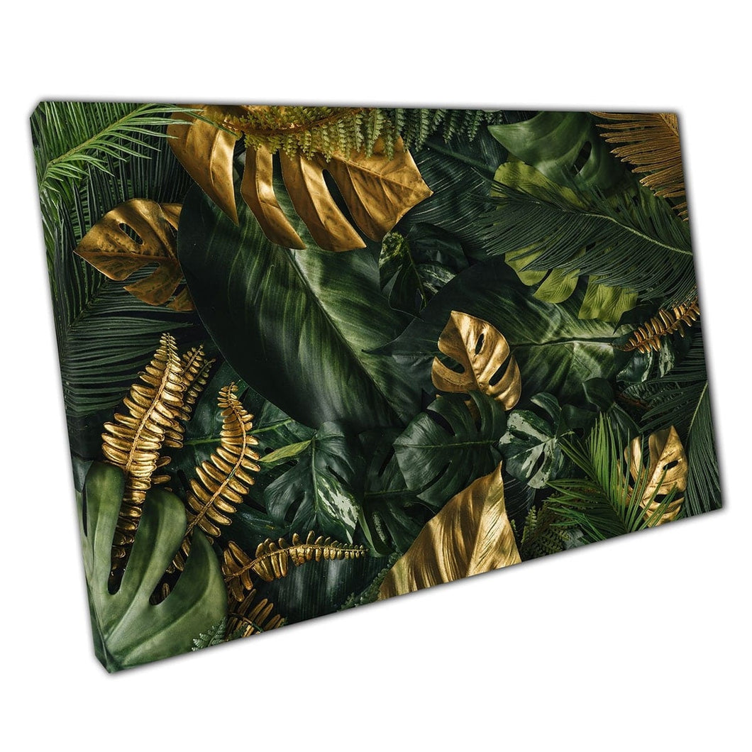 Résumé Nature moderne Jungle exotique d'or de luxe et de feuilles tropicales vertes riches Impression d'art mural sur toile imprimé en toile montée