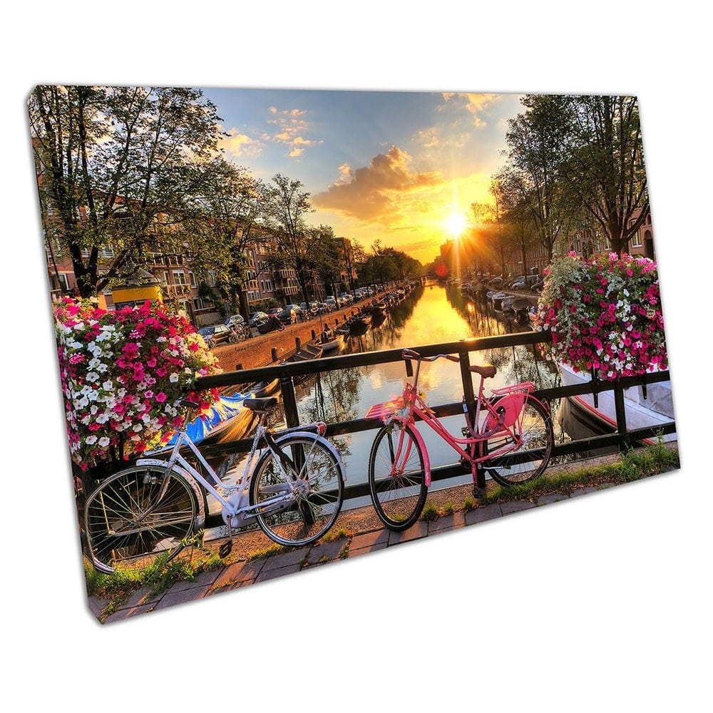 Beautiful sunrise Amsterdam Netherlands bicycles Canals Flowers Wall Art Print Mounted Canvas print