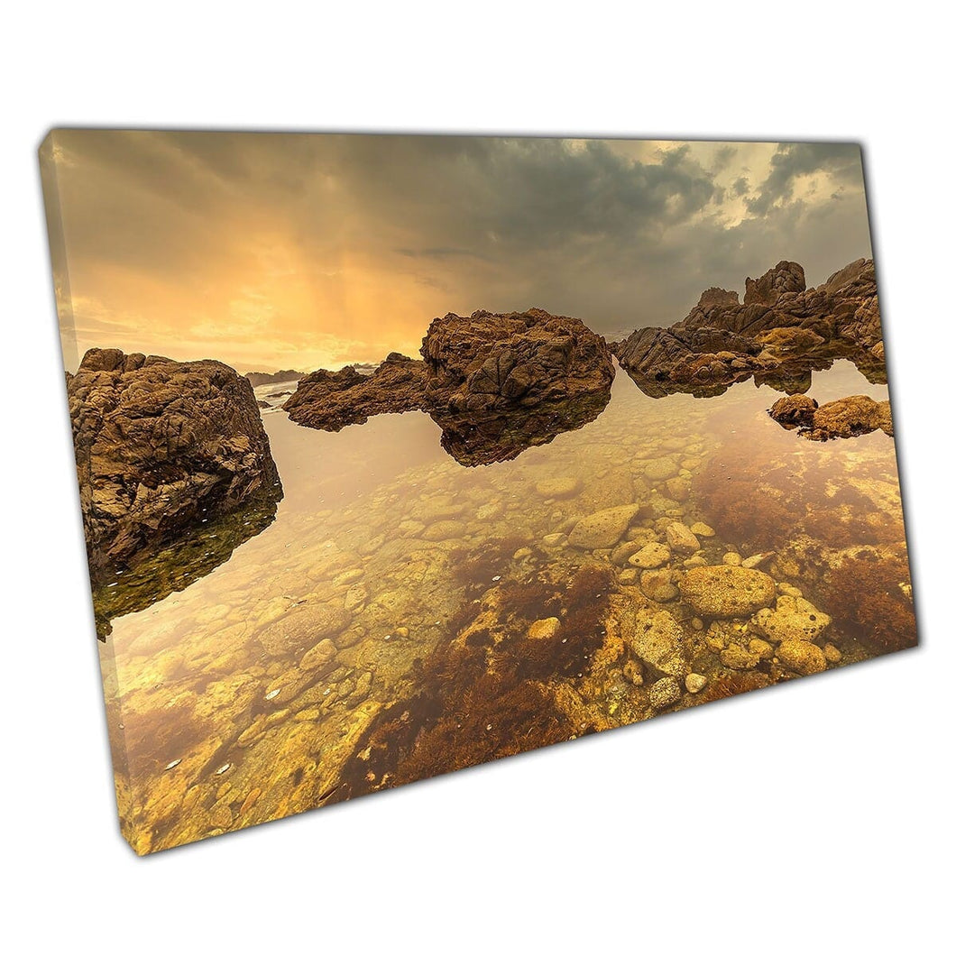 Golden Calming Seascape Clear Waters Californian Coastline Warming Natural Tones Wall Art Print On Canvas Mounted Canvas print