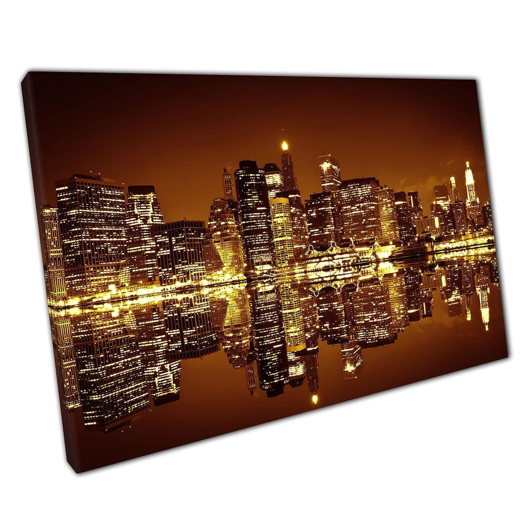 Downtown Manhattan New York Cityscape Illuminated By The Golden City Lights Wall Art Print On Canvas Mounted Canvas print