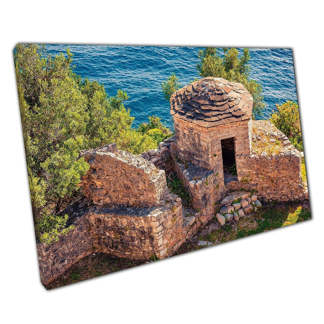 Adriatic Sea Seascape Behind An Old Stone Tower On Ali Pasha Tepelena Fortress Wall Art Print On Canvas Mounted Canvas print