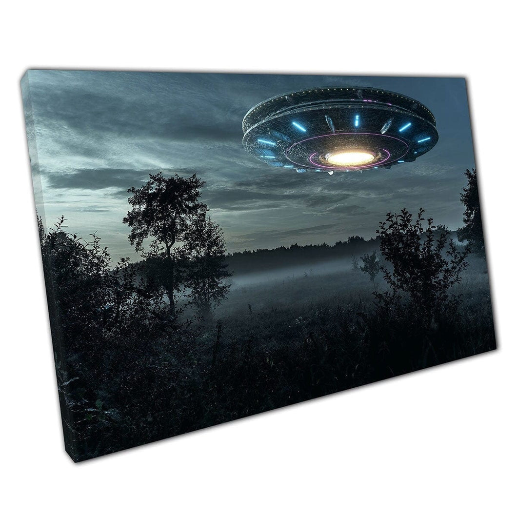 Sci-Fi UFO Alien Unidentified Spacecraft Hovering Over Field Spaceship Fantasy Space Wall Art Print On Canvas Mounted Canvas print