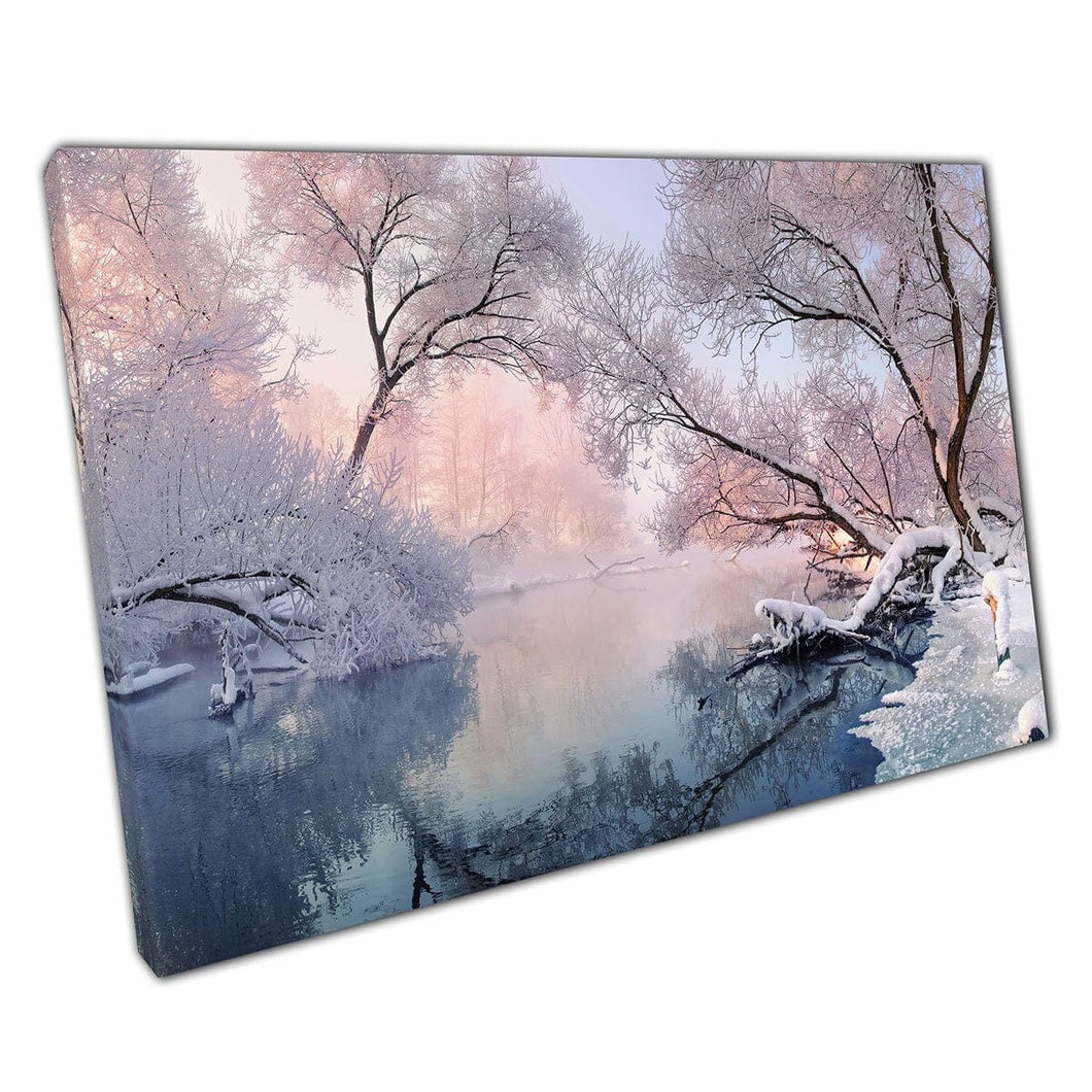 Snow Covered Woodland Forest Surrounding A Frozen Icy Lake Winter Wonderland Scene Wall Art Print On Canvas Mounted Canvas print