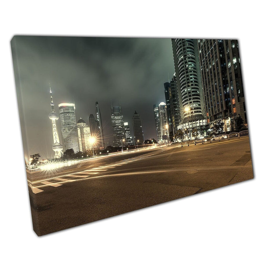 Shanghai Lujiazui Finance And Modern Trade Zone Of The City On A Grey Night Cityscape Wall Art Print On Canvas Mounted Canvas print
