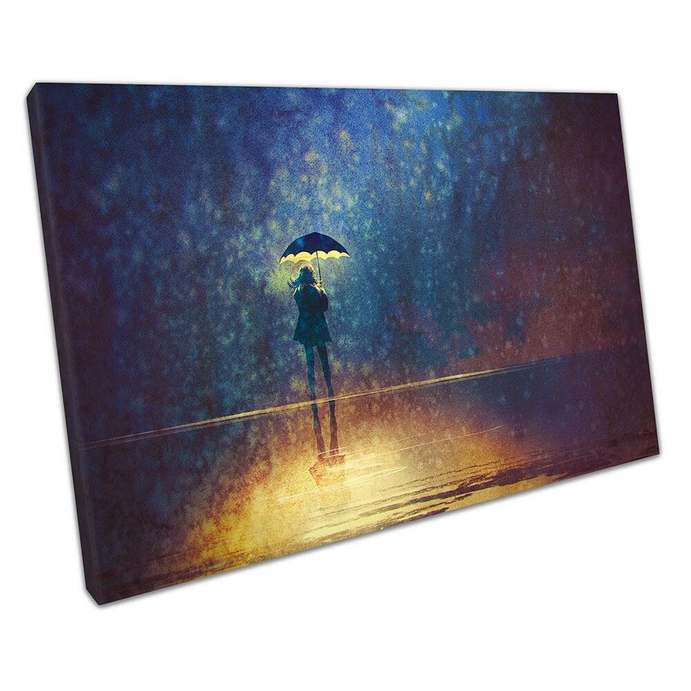 lonely woman under umbrella lights in the dark Ready to Hang Canvas Wall Art Print Mounted Canvas print