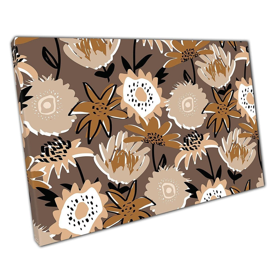 Abstract Brown Beige Minimalist Toned Retro Style Flowers Floral Pattern Wall Art Print On Canvas Mounted Canvas print