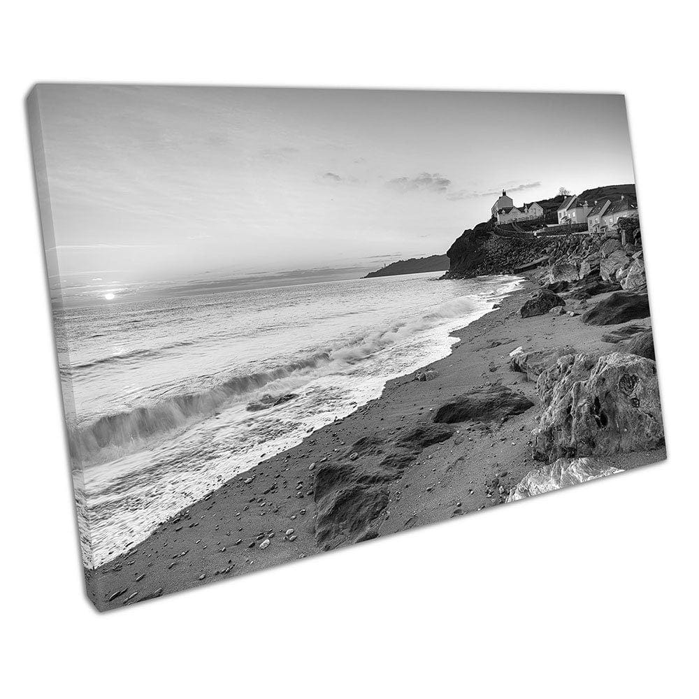 Black & White beach and seaside cottages at Hallsands Ready to Hang Wall Art Print Mounted Canvas print