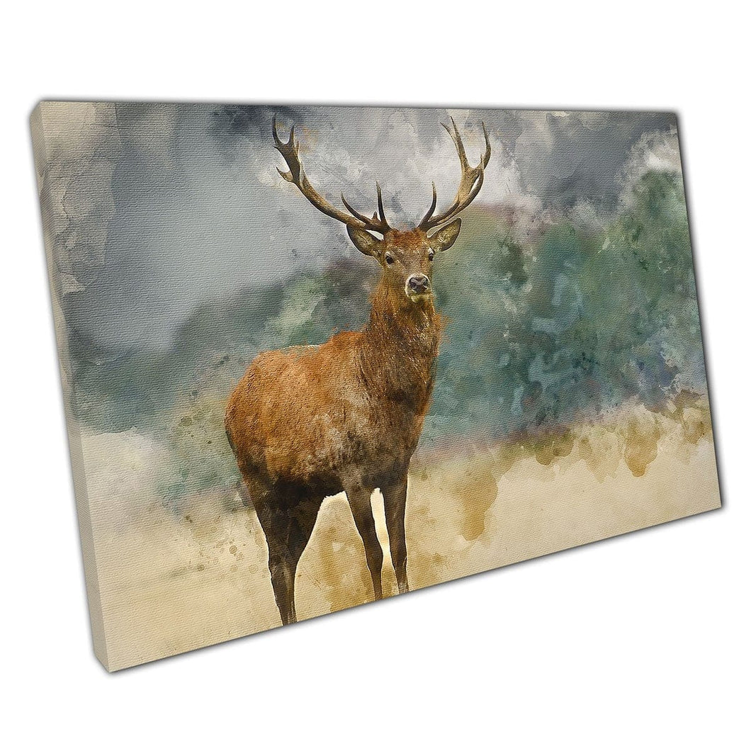 Watercolour Painting Of Majestic Powerful Red Deer Stag Wall Art Print On Canvas Mounted Canvas print