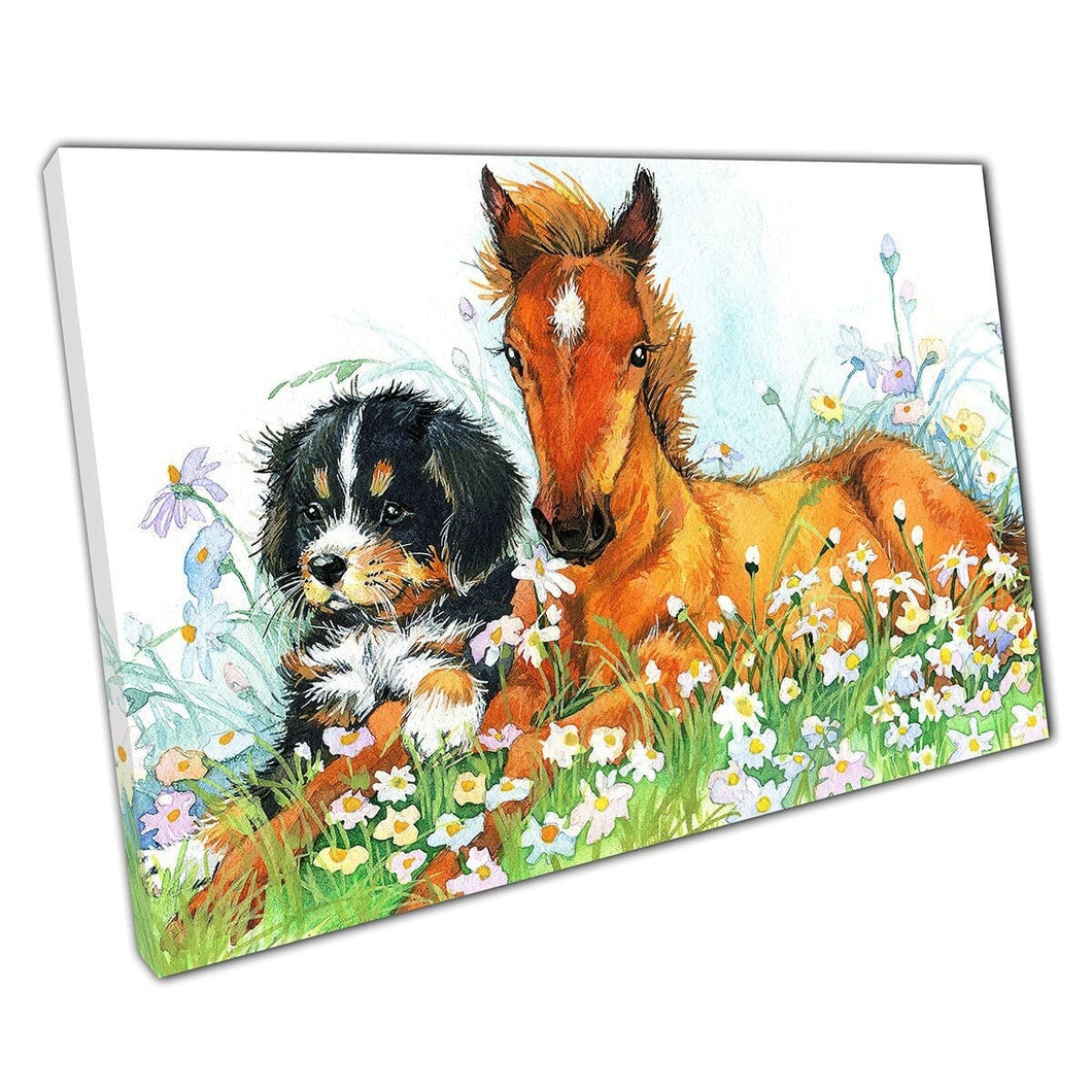 Horse Foal And Puppy Dog Relaxing Together In A Flowering Meadow Watercolour Drawing Wall Art Print On Canvas Mounted Canvas print