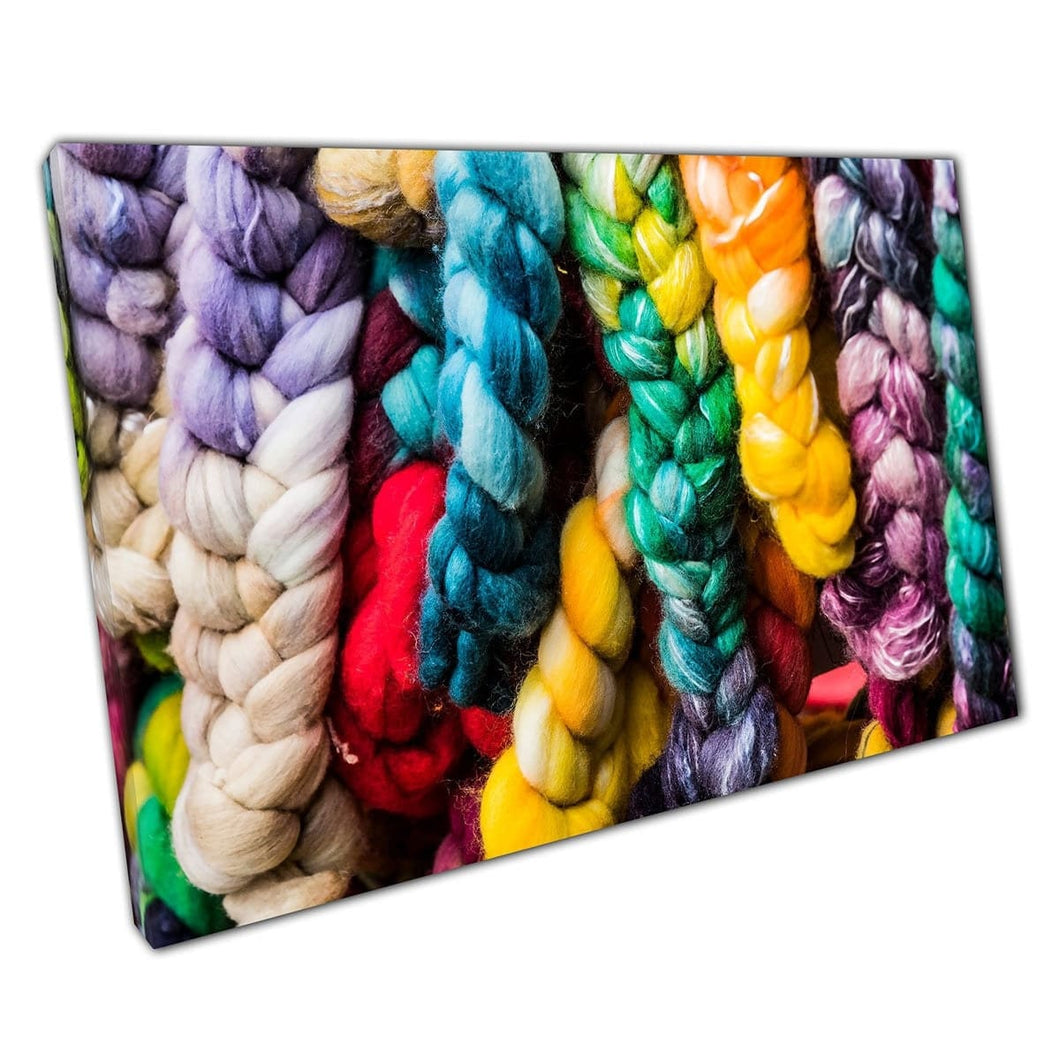 Colourful Rainbow Plaited Braided Yarn Threads Detailed Fabric Textile Photography Wall Art Print On Canvas Mounted Canvas print