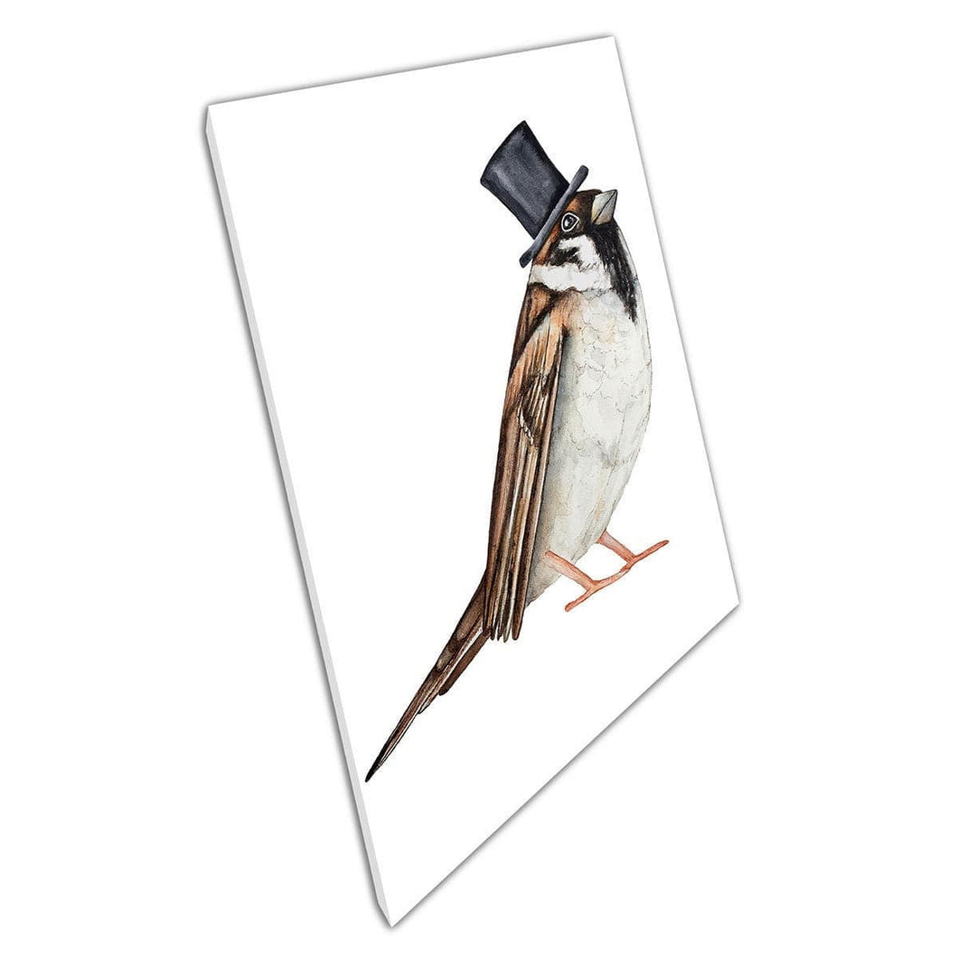 Dapper Sparrow Bird Dressed In Smart Black Top Hat Cute Character Animal Illustration Wall Art Print On Canvas Mounted Canvas print
