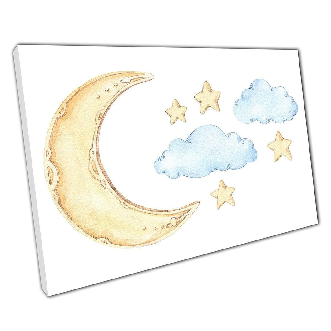 Cute Cartoon Crescent Moon Stars And Clouds Kids Room Nursery Watercolour Painting Wall Art Print On Canvas Mounted Canvas print