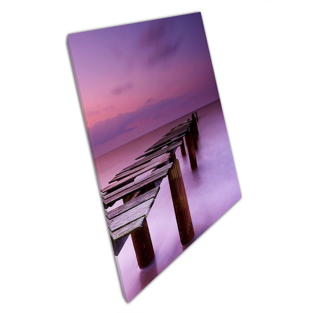 Old Broken Wooden Bridge Jetty Long Exposure Calming Tranquil Pink Purple Seascape Wall Art Print On Canvas Mounted Canvas print