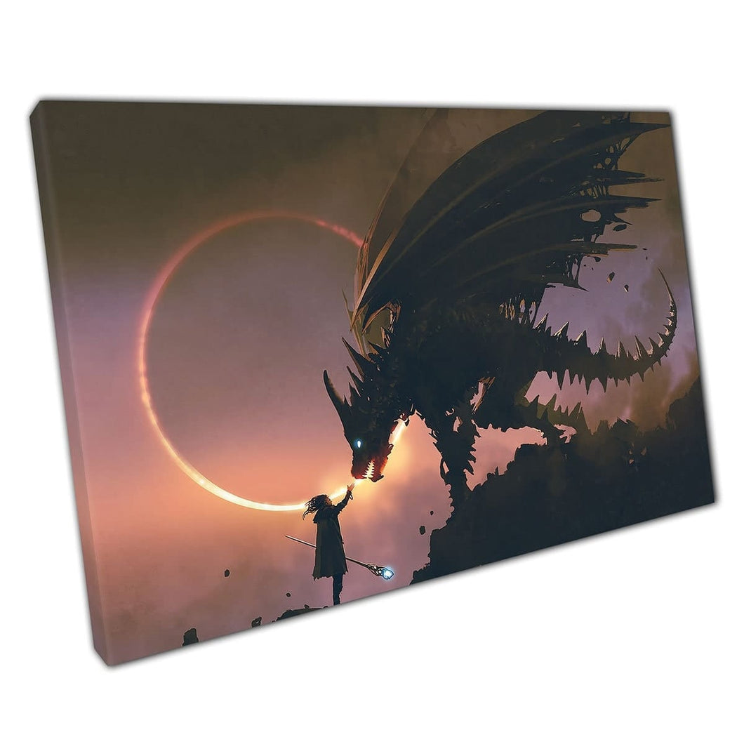 Wizard Reaching Hand Out To Dragon Intense Magic Fantasy Scene Digital Illustration Wall Art Print On Canvas Mounted Canvas print