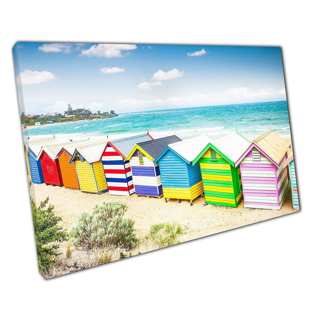 Rainbow Bathing Houses Beach Huts On Sandy Beach Melbourne Australia Wall Art Print On Canvas Mounted Canvas print