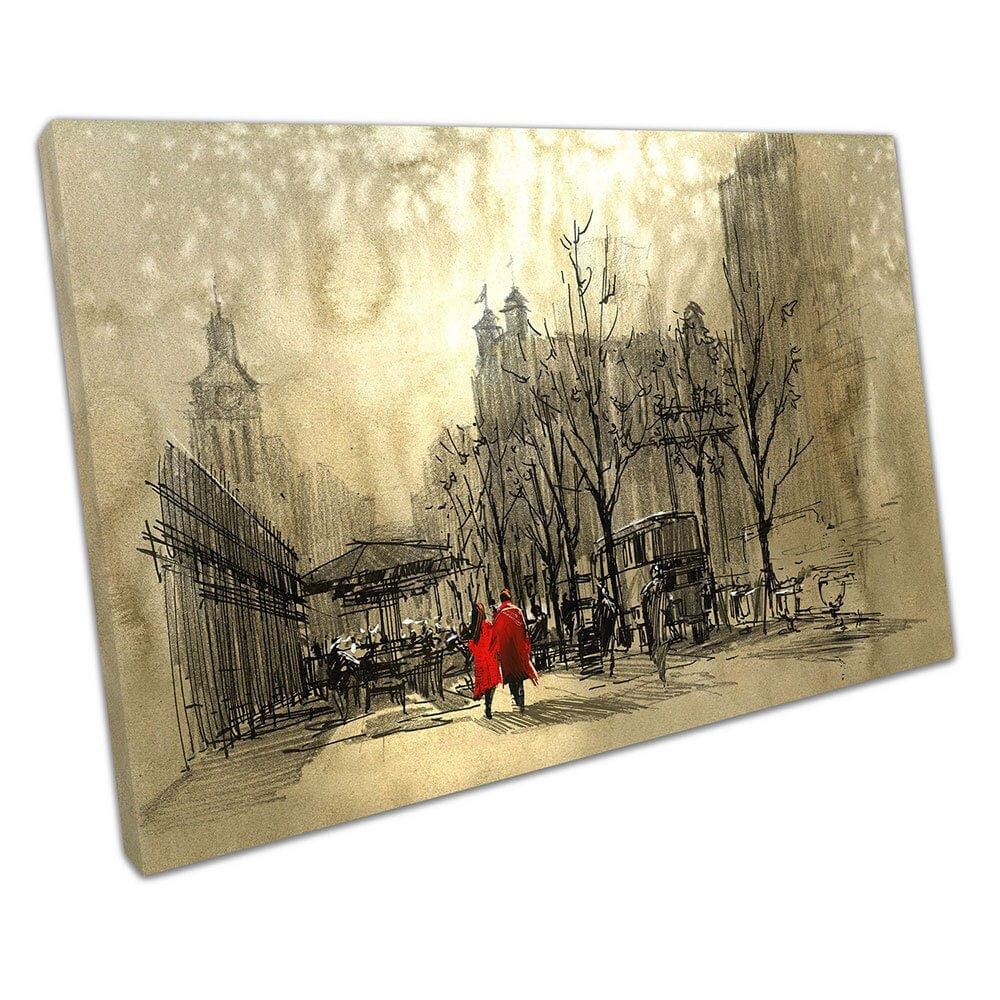Illustration Art couple in Red walking on city street Ready to Hang Wall Art Print Mounted Canvas print
