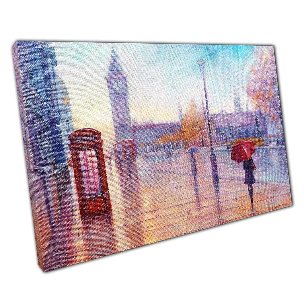 Rainy Day In London Big Ben Landmark Classic Red Phone Box Oil Painting Style England Wall Art Print On Canvas Mounted Canvas print