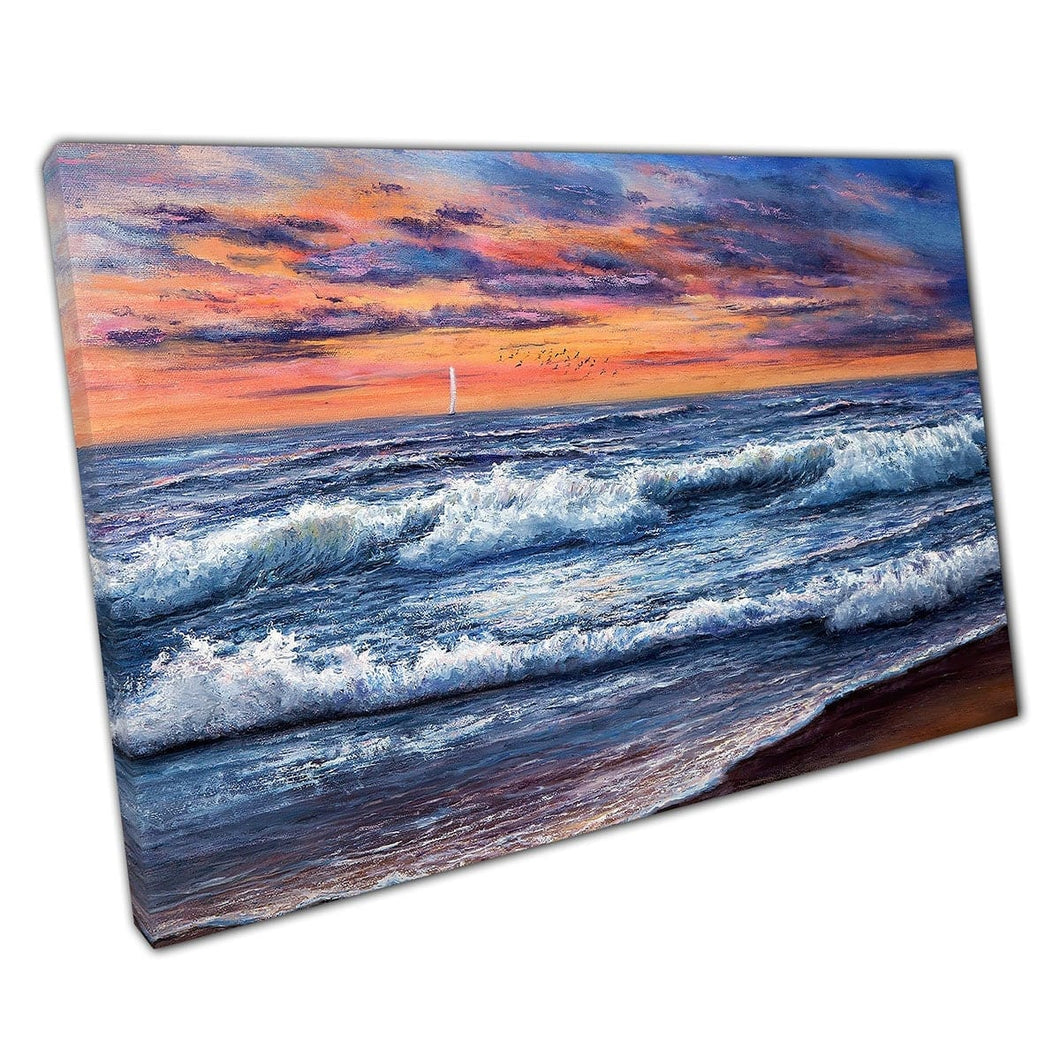 Oil Painting Of Golden Sunset Over Ocean And Beach Wall Art Print On Canvas Mounted Canvas print
