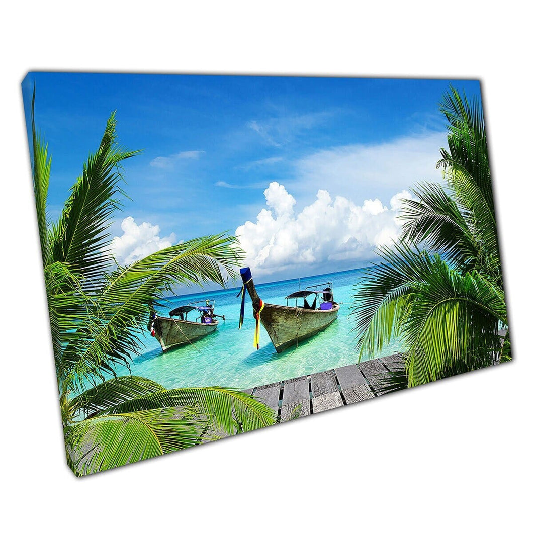Wooden Walkway Over Clear Blue Water With Small Boats Surrounded By Palms Tropical Wall Art Print On Canvas Mounted Canvas print