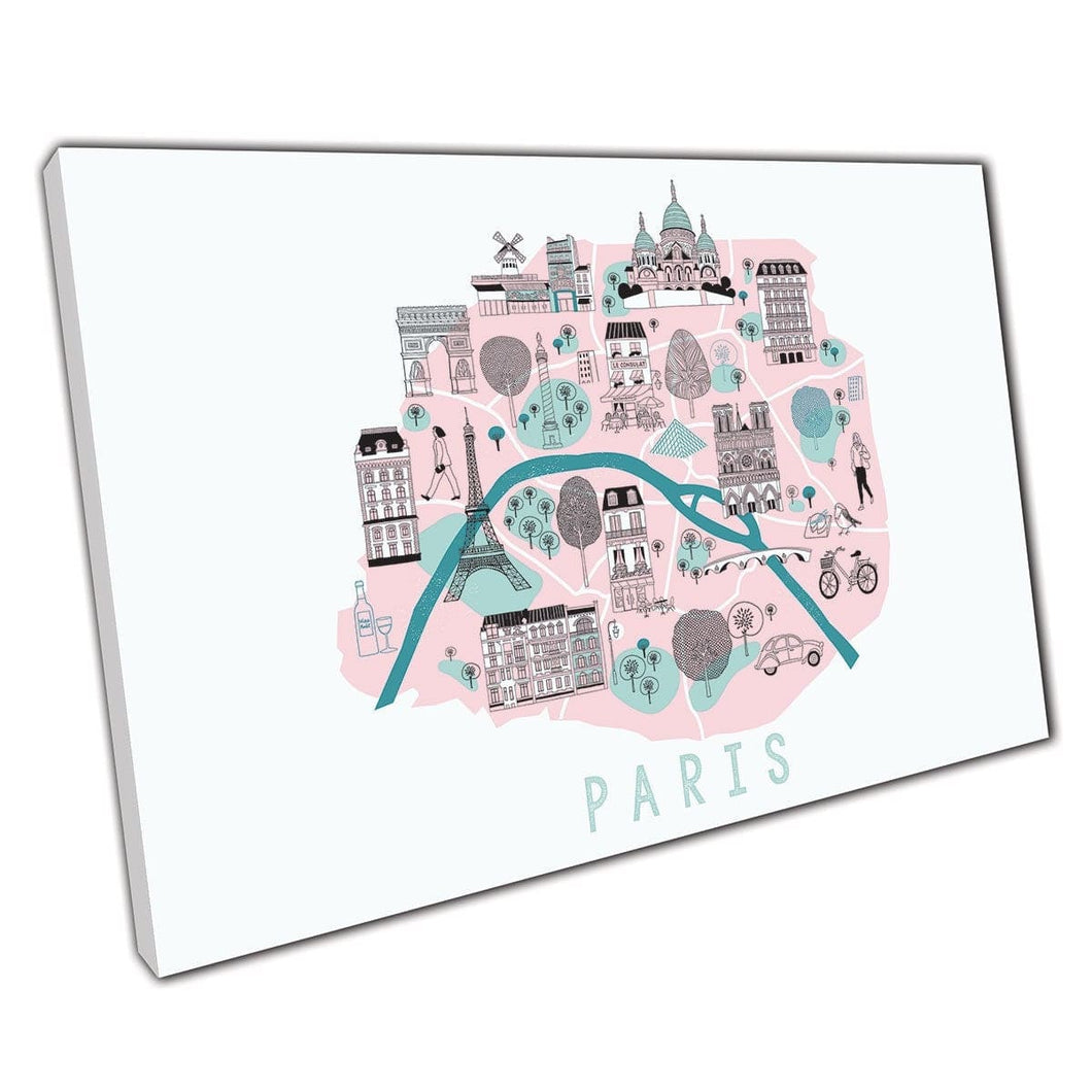 Paris Pastel Tone Quirky Illustrated Map Wall Art Print On Canvas Mounted Canvas print