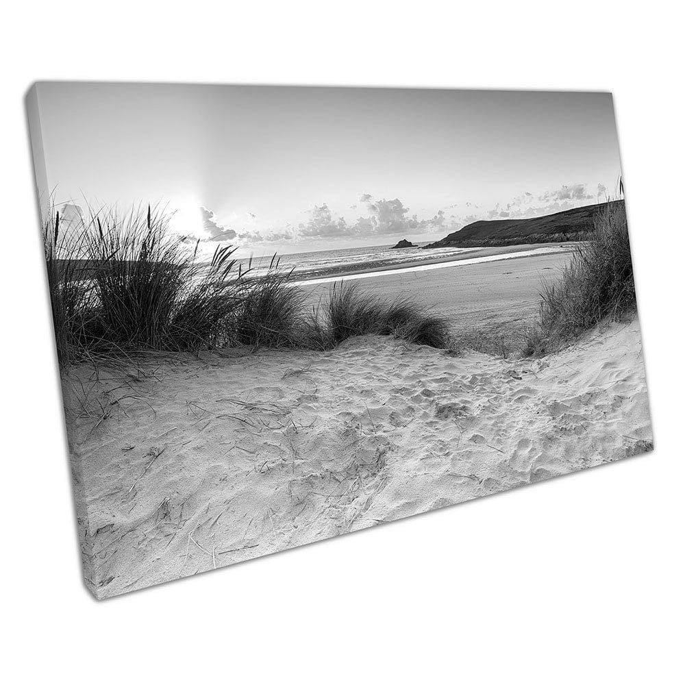 Black & White Sunset through the sand dunes Crantock beach Ready to Hang Wall Art Print Mounted Canvas print