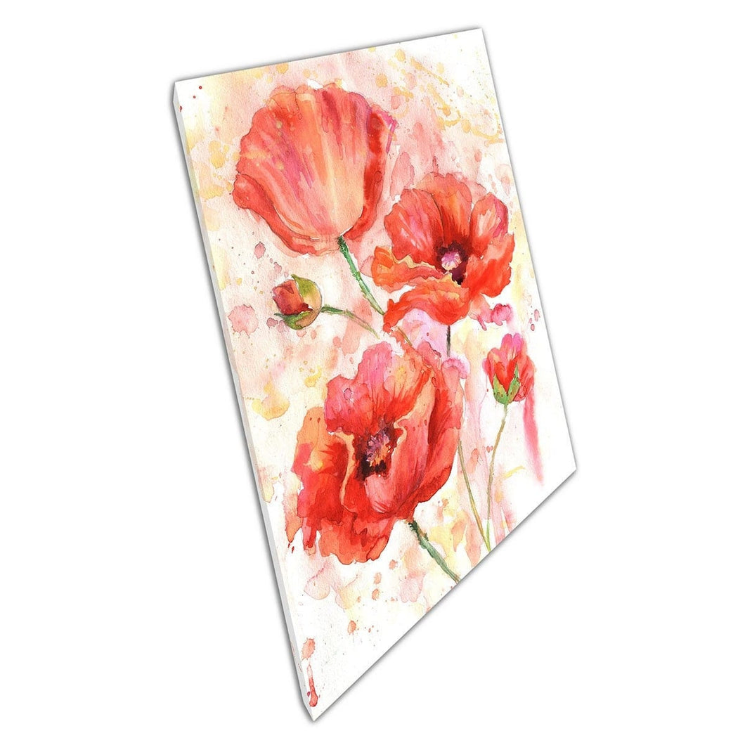 Beautiful Deep Red Blossoming Poppies Flowers Florals Watercolour Painting Style Wall Art Print On Canvas Mounted Canvas print