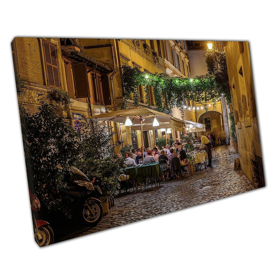 Secluded Restaurant In A Cosy Traditional Street In Trastevere Rome Italy At Night Wall Art Print On Canvas Mounted Canvas print