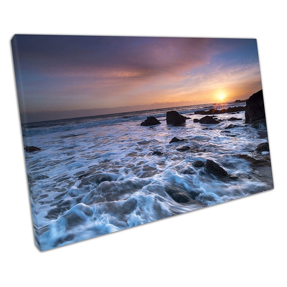 Sunset on Finnygook beach Portwrinkle south east Cornwall seascape Canvas Wall Art Print Mounted Canvas print