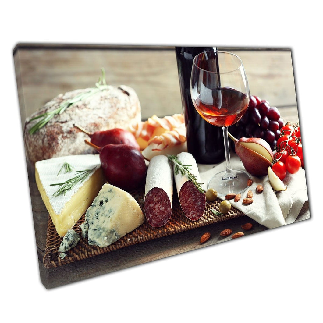 Fresh Italian Charcuterie Cheese And Meat Board Wine Fruits Classic Dining Restaurant Wall Art Print On Canvas Mounted Canvas print