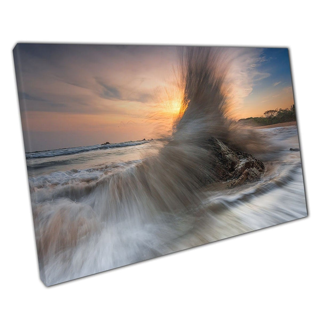 Action Shot Of Stormy Waves Crashing Into Rocks On The Seashore Turbulent Seascape Wall Art Print On Canvas Mounted Canvas print