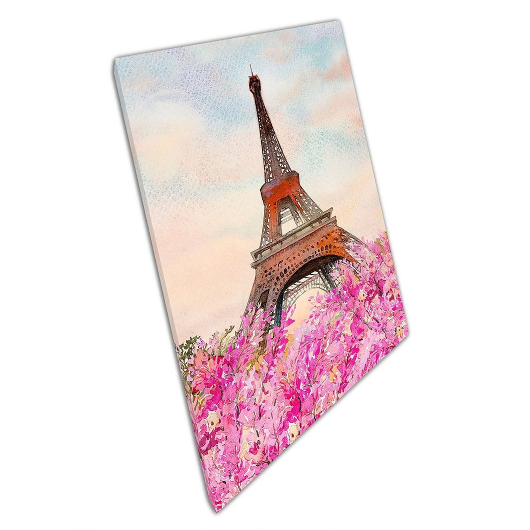 Watercolour Eiffel Tower Paris France Spring Pink Cherry Blossoms Wall Art Print On Canvas Mounted Canvas print