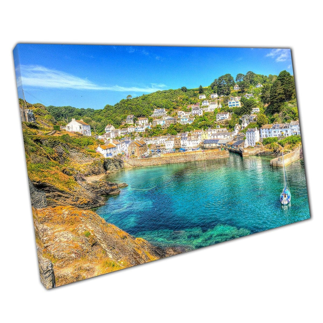 Blue Skies Clear Sea At Polperro Harbour Cornwall England Wall Art Print On Canvas Mounted Canvas print