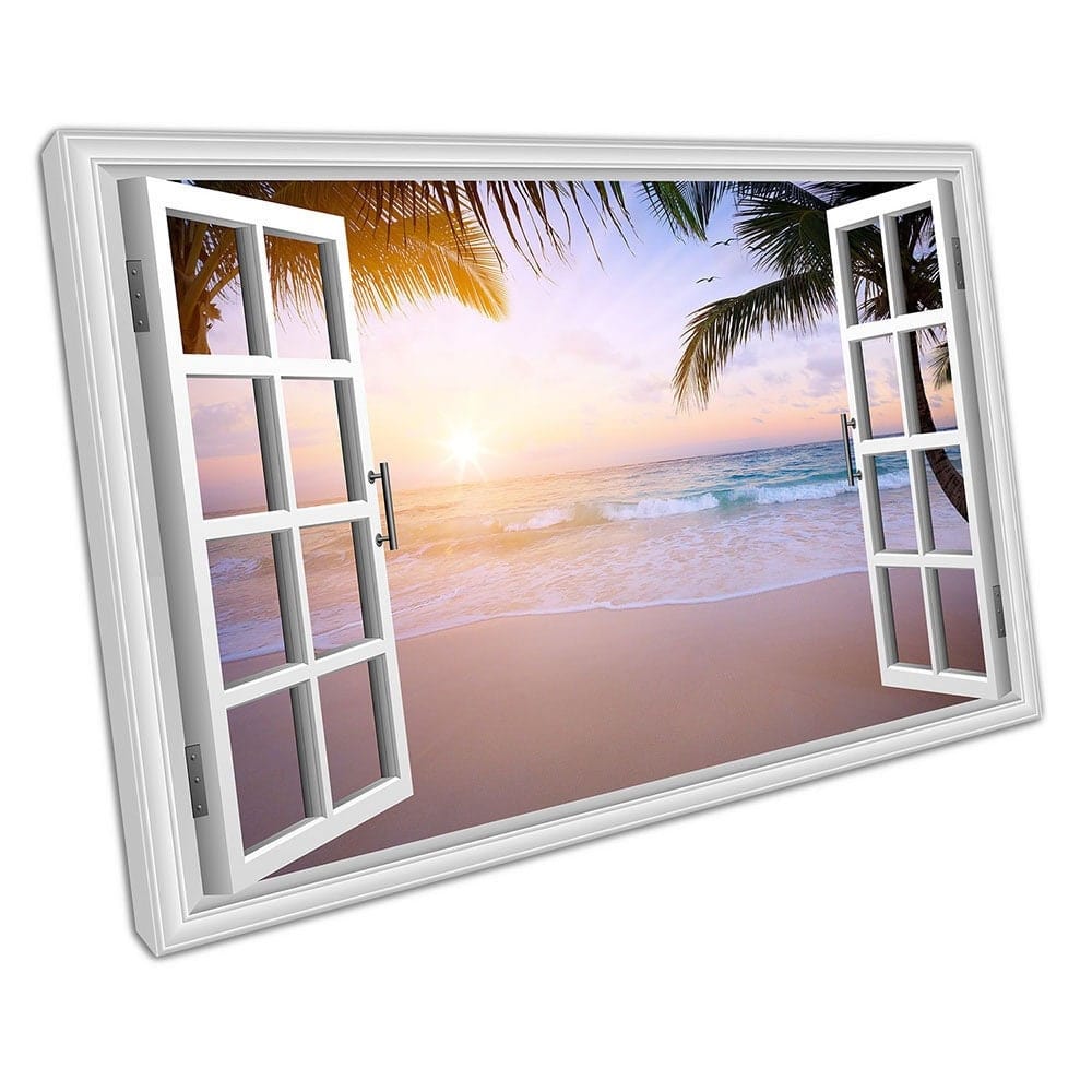 Window View Beautiful sunrise over the tropical beach Ready to Hang Wall Art Print Mounted Canvas print