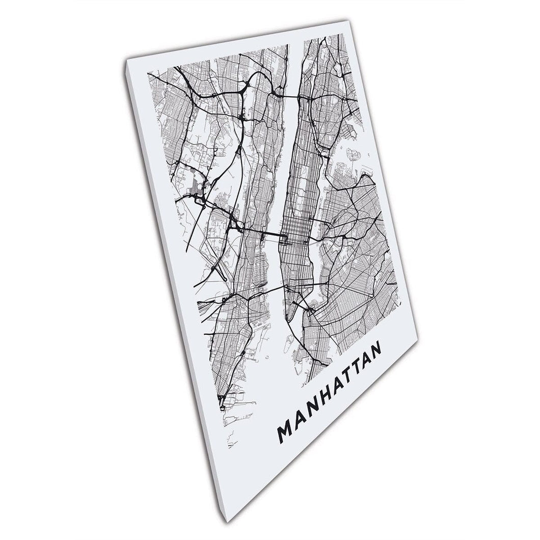 Black And White Illustrated Map Of Manhattan Wall Art Print On Canvas Mounted Canvas print