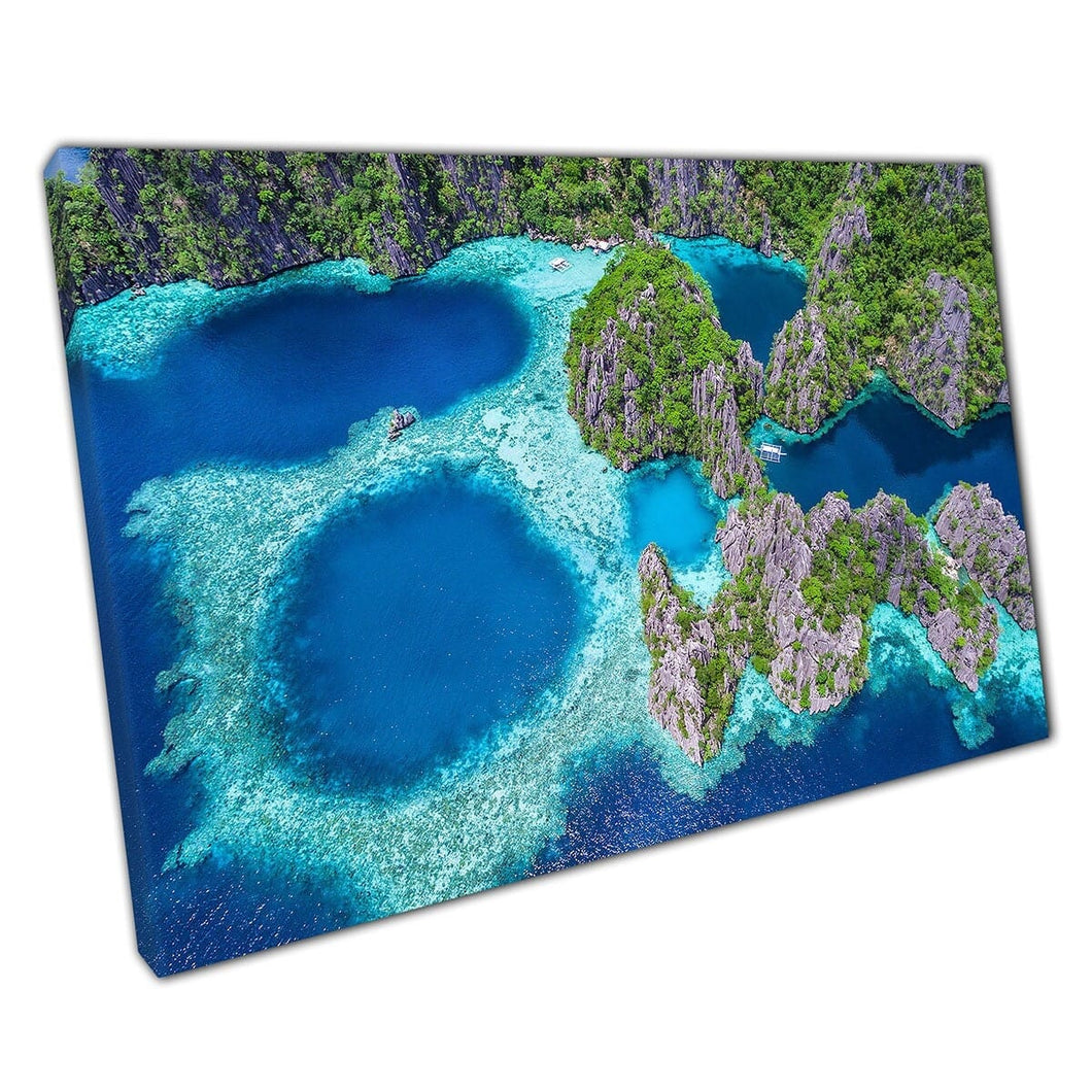 Aerial View Of Beautiful Blue Laggons And Grassy Limestone Cliffs Coron Philippines Wall Art Print On Canvas Mounted Canvas print