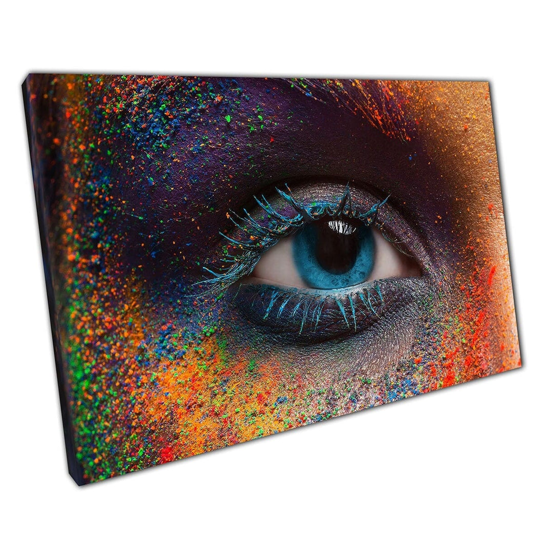 Bright Blue Female Eye Covered In Rich Colourful Powder Holi Festival Celebrations Wall Art Print On Canvas Mounted Canvas print