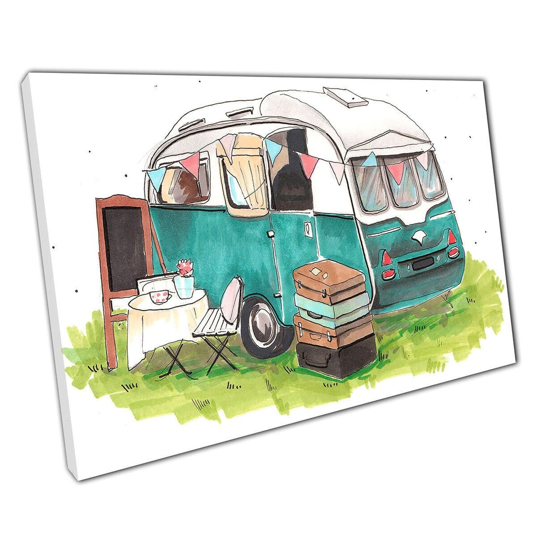Old School Vintage Hipster Campervan Adventure Camping Watercolour Illustration Wall Art Print On Canvas Mounted Canvas print