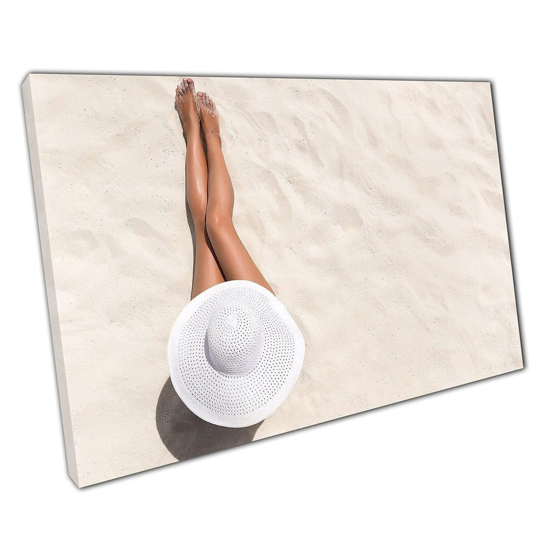 Aerial View Of Woman Tanning On Soft Sandy Beach In A White Hat Holiday Aesthetic Wall Art Print On Canvas Mounted Canvas print
