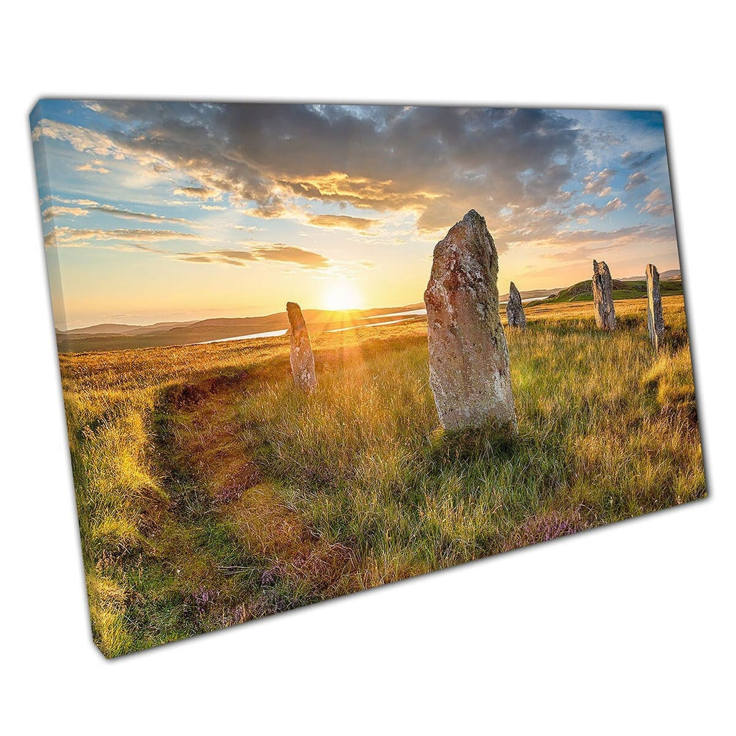 Sunset Over Ceann Hulavig Stone Circle Isle Of Lewis In The Scottish Hebrides Wall Art Print On Canvas Mounted Canvas print