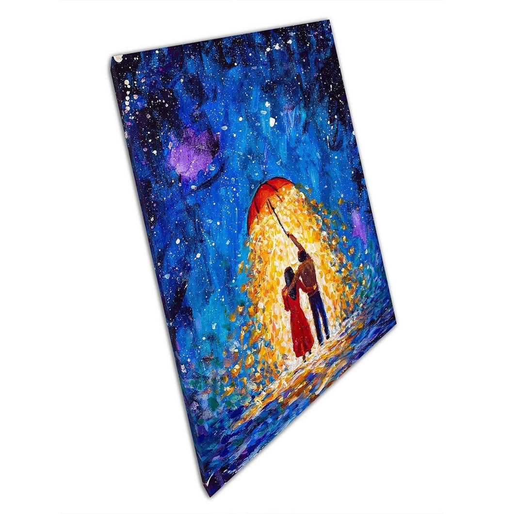 In Love Romantic Couple Under A Glowing Umbrella On A Starry Winter Night Wall Art Print On Canvas Mounted Canvas print