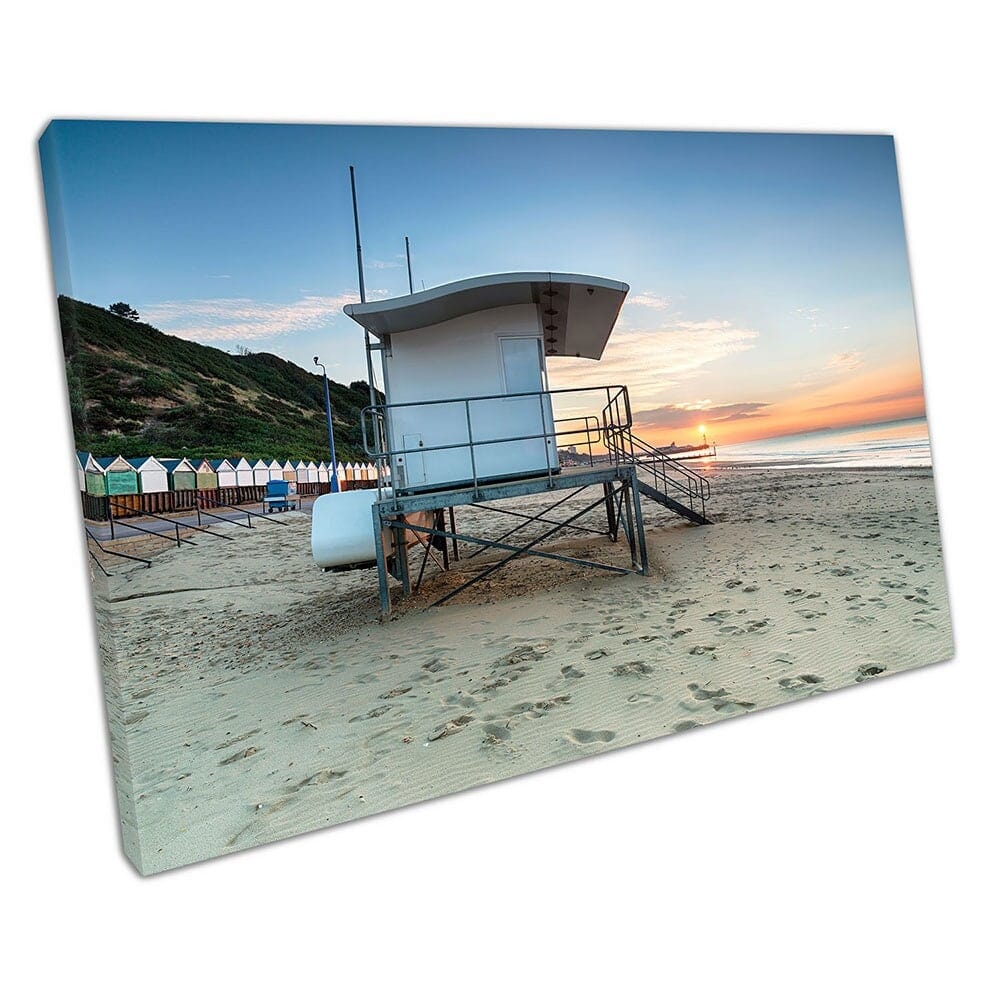 Lifeguard hut sunrise Durley Chine Bournemouth beach Ready to Hang Wall Art Print Mounted Canvas print